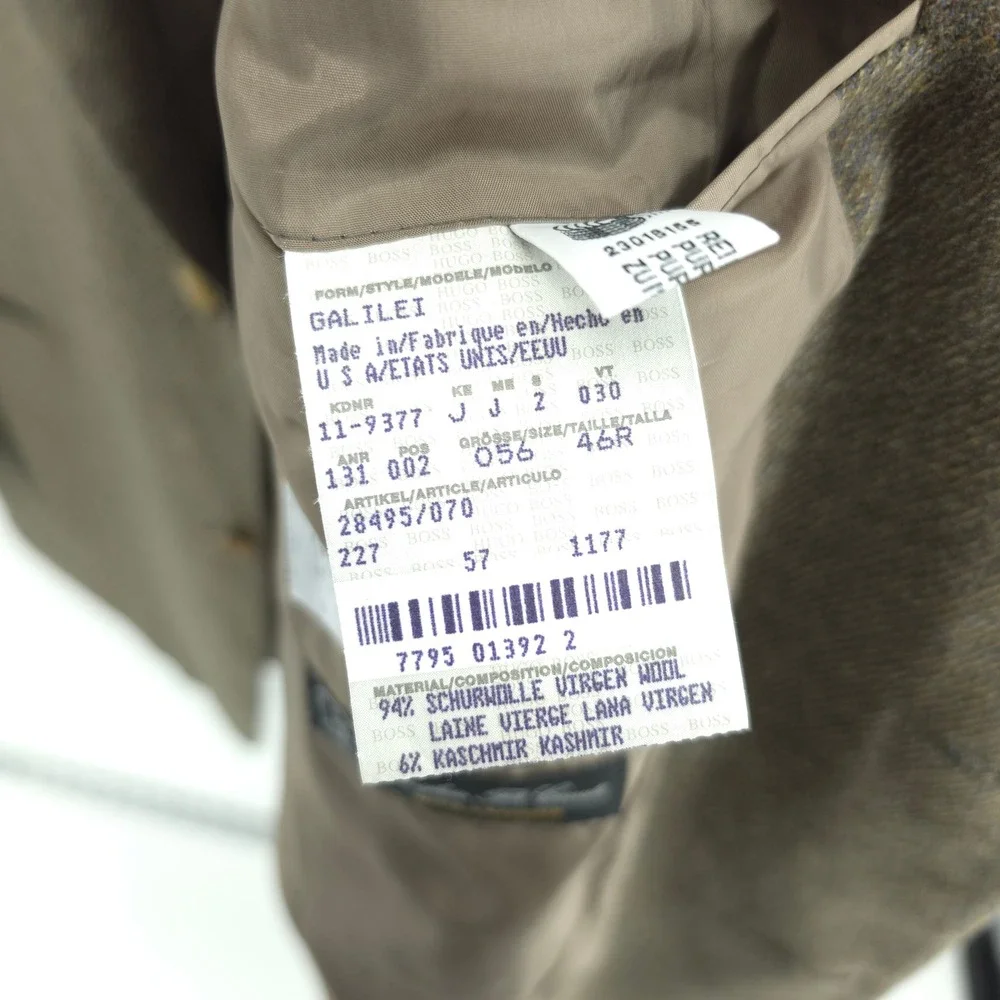 Hugo Boss Mens Blazer Wool Cashmere Olive Brown 46R 2 Button Vintage USA Made